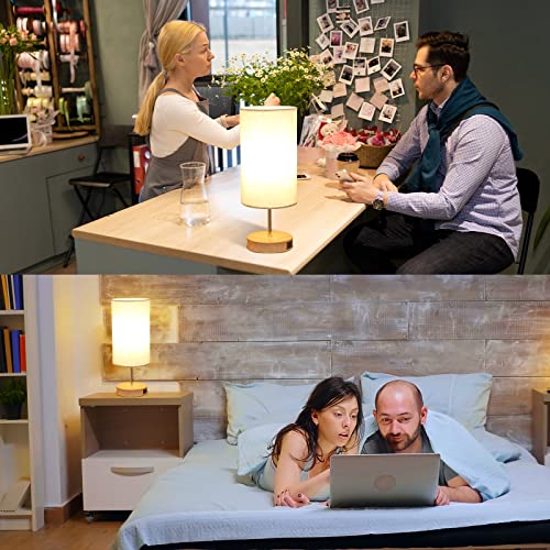 Bedside Lamp with USB C+A Ports - Touch Control Small Table Lamp for Bedroom with 3 Lighting Modes,Nightstand Lamps with Round Flaxen Fabric Shade for Living Room, Dorm, Office (LED Bulb Included)