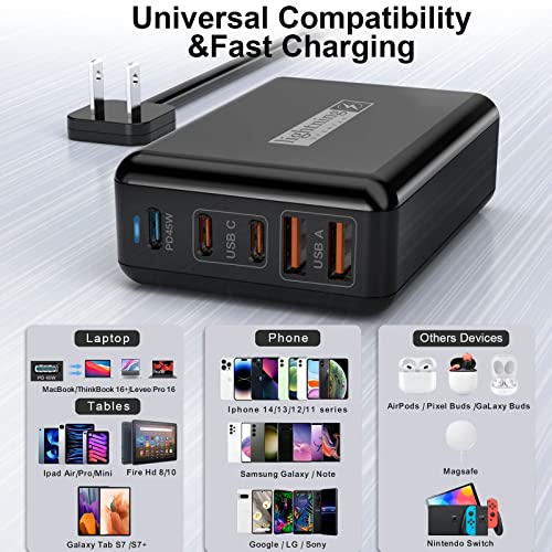 USB C Charger Fast Charging 100W, 5 Ports Charging Blocks Ultra Thin Flat Plug, USB Charging Station with 360° Rotated Adhesive Punch-Free Holder, Charging Hub for Laptops, Tablets, Cellphones Stuff