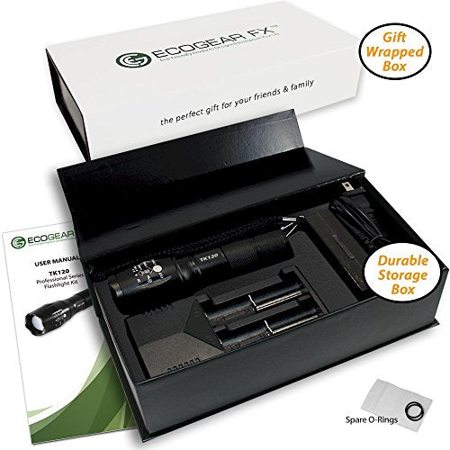 EcoGear FX Complete LED Tactical Flashlight Kit TK120: High Lumens with 5 Light Modes, Water Resistant, Zoomable - Includes Rechargeable Batteries and Battery Charger