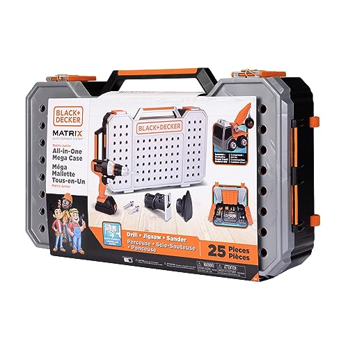 Black+Decker Kids Tools All-in-One Mega Case with Matrix Drill, Jigsaw and Sander 25 Pieces Play Tools for Kids