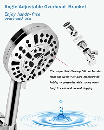 NIKISHAP Shower Head, 10-modes Shower Heads High Pressure, New Anti-clog Nozzle Handheld Shower Head with Extra Long 5 Ft Hose and Adjustable Bracket, Built-in Power Wash to Clean Tub, Tile and Pets.