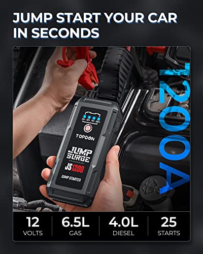 Jump Starter Car Battery Charger-TOPDON JUMPSURGE1200 12V Car Starter Lithium Battery Booster, Jumper (Up to 6.5L Gas, 4.0L Diesel) with Smart Clamp Cables, USB Quick Charge, LED Flashlight Peak 1200A