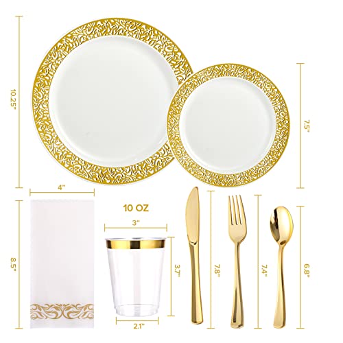 175 Piece Gold Dinnerware Set 25 Guest-50 Gold Lace Plastic Plates-25 Gold Plastic Silverware-25 Gold Plastic Cups-25 Linen Like Gold Paper Napkins, FOCUSLINE Disposable Dinnerware Set