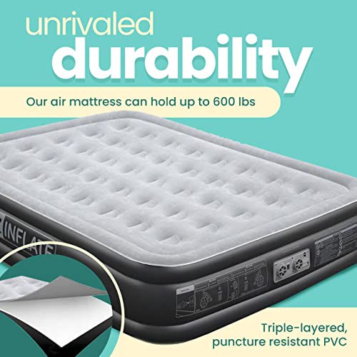 EZ INFLATE Air Mattress with Built in Pump - Queen Size Double-High Inflatable Mattress with Flocked Top - Easy Inflate, Water