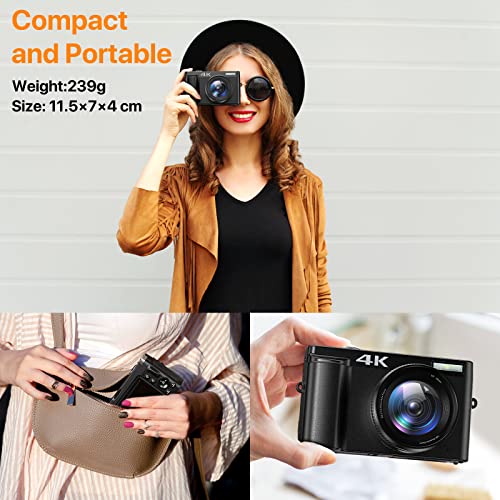 IWEUKJLO 4K Digital Camera for Photography and Video Autofocus 16X Digital Zoom, 48MP Vlogging Camera with 32GB SD Card, 3'' 180° Flip Screen Compact Camera for Travel,2 Batteries Charger Stand