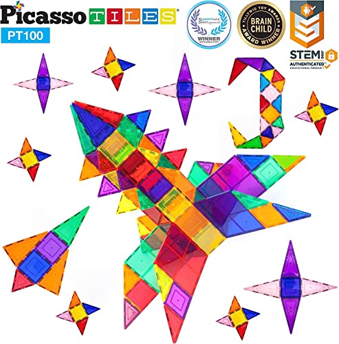 PicassoTiles 100 Piece Set 100pcs Magnet Building Tiles Clear Magnetic 3D Building Blocks Construction Playboards, Creativity Beyond Imagination, Inspirational, Recreational, Educational Conventional