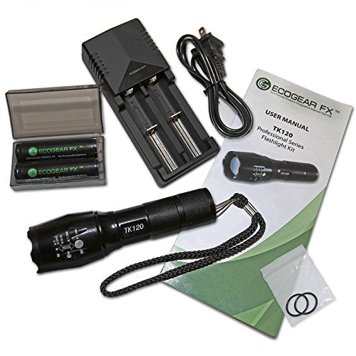EcoGear FX Complete LED Tactical Flashlight Kit TK120: High Lumens with 5 Light Modes, Water Resistant, Zoomable - Includes Rechargeable Batteries and Battery Charger