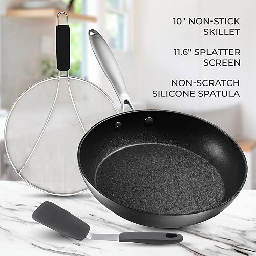 Frying Pans Nonstick - 10" Non Stick Frying Pan with Lid Splatter Screen - Lightweight Aluminum Fry Pan Skillet Includes Spatula - 2" Deep Egg Pan, PFAS-Free and PFOA Free, Dishwasher Safe, Oven Safe