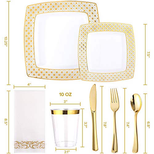 175 Piece Gold Dinnerware Set 25 Guest-50 Diamond Square Plastic Plates-25 Gold Plastic Silverware-25 Gold Plastic Cups-25 Linen Like Gold Paper Napkins, FOCUSLINE Disposable Dinnerware Set