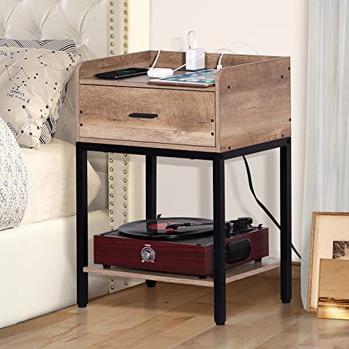 Lerliuo Nightstand with Charging Station and USB Ports, 3-Tier End Side Table with Storage Drawer and Shelf, Modern Bedside Night Stand for Bedroom, Living Room- Greige and Black