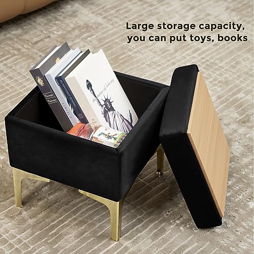 HOUCHICS SquareStorage Ottoman,Soft Footstool with Metal Legs,Black Ottoman Foot Rest for Living Room,Bed Room