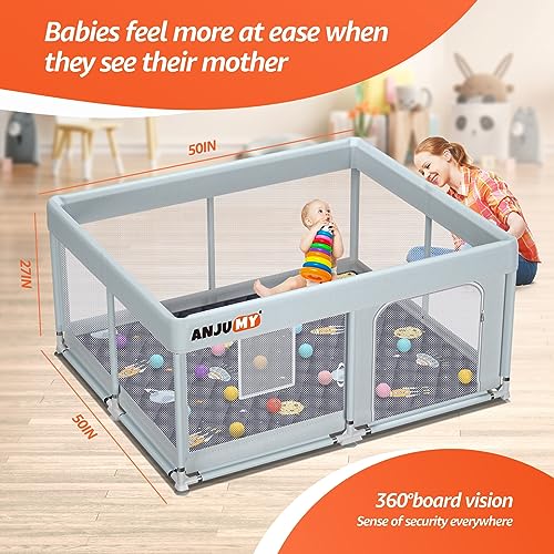 ANJUMY Baby Playpen with Mat Included 50x50 playpen for Babies and Toddlers,Indoor & Outdoor Activity Center,Kids Playpen with Gate,Safety Baby Fence Play Area with 50pcs Ocean Balls,Breathable Mesh