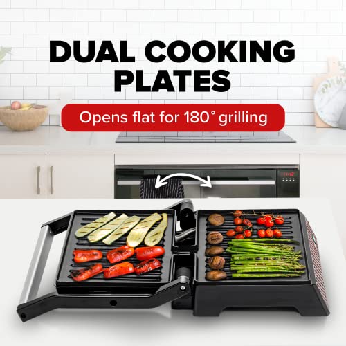 OVENTE Electric Indoor Panini Press Grill and Sandwich Maker with Non-Stick Coated Plates, Opens 180 Degrees to Fit Any Type or Size Food, Temperature Control and Removable Drip Tray, Red GP0540R