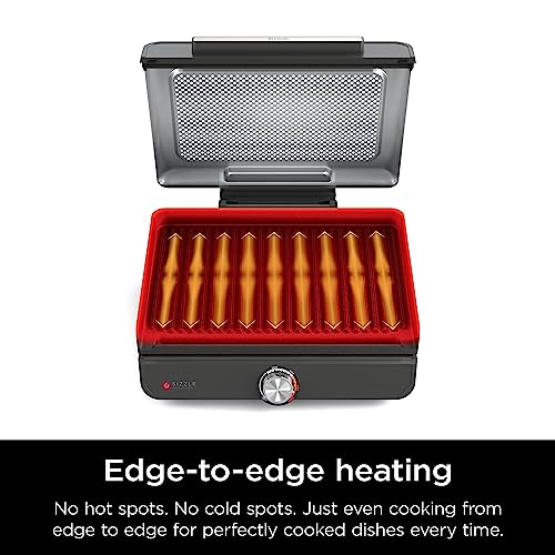 Ninja GR101 Sizzle Smokeless Indoor Grill & Griddle, 14'' Interchangeable Nonstick Plates, Dishwasher-Safe Removable Mesh Lid, 500F Max Heat, Even Edge-to-Edge Cooking, Grey/Silver