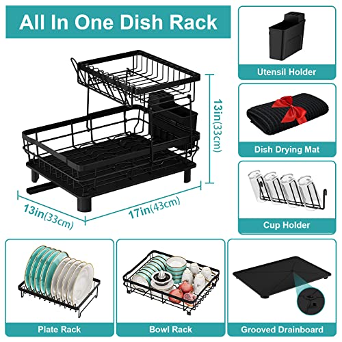 XILIDIA Dish Racks for Kitchen Counter, 2 Tier Dish Drying Rack with Drainboard, Large Capacity Dish Drainer with Utensil Holder and Extra Dish Drying Mat