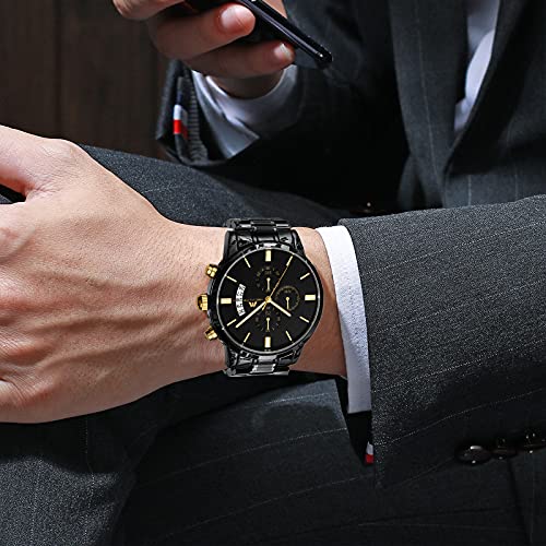 MEGALITH Mens Watches 45mm Chronograph Quartz Men's Wrist Watches Stainless Steel Black Waterproof Business Dress Watches for Men Luminous Date, Gifts for Men