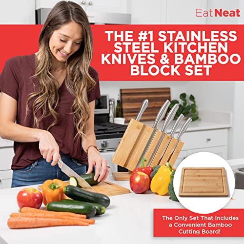 EatNeat Kitchen Knife Block Set - 8 Piece Stainless Steel Chef Knife Set with Bamboo Knife Block, Bamboo Cutting Board, Knife Sharpener, Kitchen Essentials, Knife Sets for Kitchen With Block