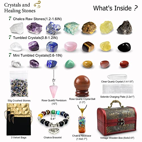 Healing Crystals Set, 28 Pcs Real Crystals and Healing Stones Kit, Energy Crystals for Beginners Meditation Yoga, 14 Natural Tumbled Crystals and 7 Raw Chakra Stones, Crystal Ball, Pendulum, Selenite