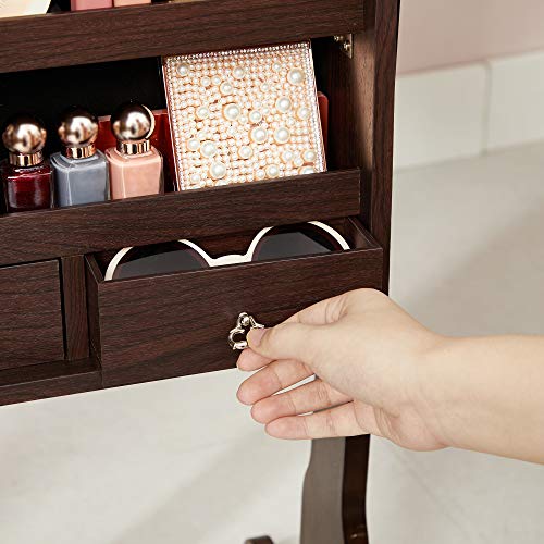 SONGMICS Mirror Jewelry Cabinet with 6 LED Lights, Lockable Standing Mirrored Armoire Organizer, 2 Drawers, Brown UJJC94K