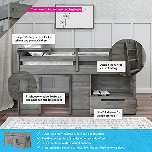 Max & Lily Modern Farmhouse Low Loft Bed, Twin Bed Frame for Kids with 1 Drawer, Driftwood
