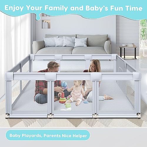 Fshibila 74" ×50" Large Baby Playpen, Baby Playard for Babies and Toddlers, Baby Fence Play Pens for Indoor & Outdoor, Sturdy Safety Play Yard with Soft Breathable Mesh, Anti-Fall, Grey