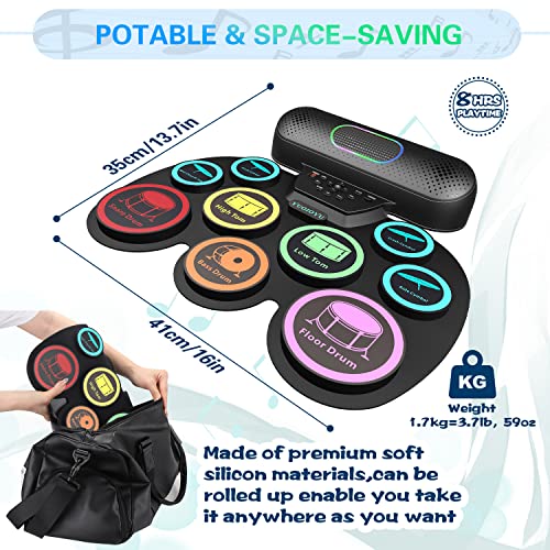Electronic Drum Set - YUOIOYU Electric Drum Set Roll Up Potable Drum Kit MIDI Practice Drum Pad with Dual Built-in Speaker, Drum Sticks and Pedals,Christmas Birthday Gift for Kids Adult