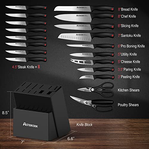 Knife Set, Astercook 21 Pieces Knife Sets for Kitchen with Block, Dishwasher Safe Santoku Knives with Built-in Sharpener, Black