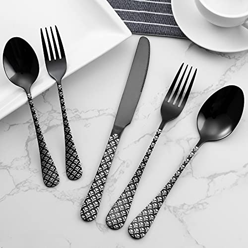Black Silverware Set, YFBXG 20 Piece Black Sliverware Flatware Cutlery Set,Stainless Steel Black Utensil Set for 4,Knives and Forks and Spoons Sets With Patten Handle (Fan-shaped,Black)