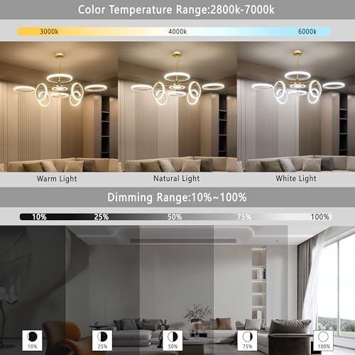OUQI Dimmable Ceiling Light Fixture,Led Flush Mount Ceiling Light, Morden Gold Round Chandelier,7000K Ceiling Lights With Remote,Adjustable highness Chandelier For Dinning Room, Living Room,Bedroom