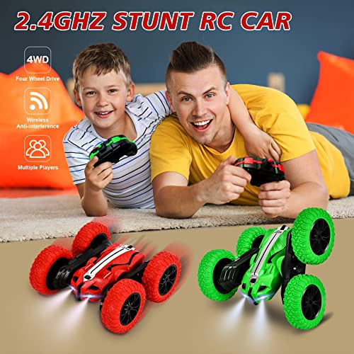 IVGUI Kids Remote Control Car for Boys, Indoor & Outdoor RC Cars Toys, Double-Sided Flip & 360° Rotating RC Car, 4WD 2.4Ghz RC Stunt Car with Headlights, 2 Rechargeable Batteries, Red