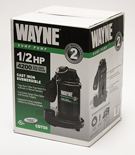 Wayne 57603-WYN1 1/2HP SUB CDT50 1/2 Cast Iron Submersible Sump Pump with Tether Float Switch, 0.5 HP, Black