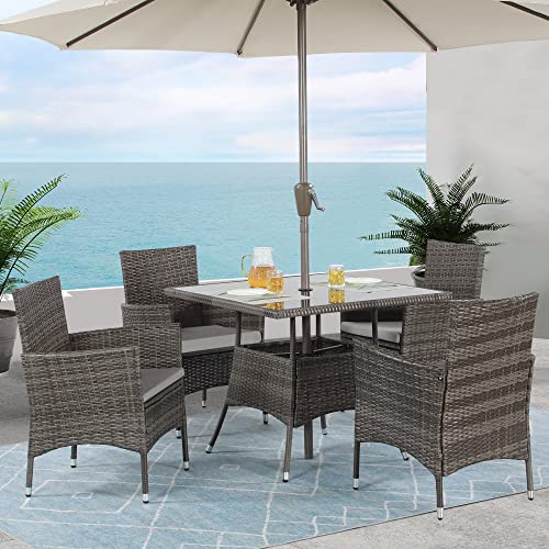 Wisteria Lane Outdoor Furniture 5-Piece Wicker Patio Dining Table and Chair Set,Square Tempered Glass Table Top with Umbrella Hole for Backyard,Grey