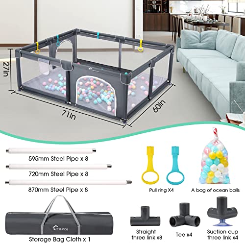 LFCREATOR Baby Playpen,71” x 60” Extra Large Playpen for Babies and Toddlers with Soft Breathable Mesh,Sturdy Safety Baby Fence Play Area with Gate,Safety Play Center Yard for Indoor&Outdoor, Grey