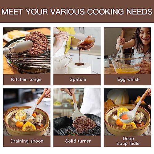 Kitchen Cooking Utensils Set, 14 Non-Stick Silicone Cooking Kitchen Utensils Spatula Set with Holder, Wooden Handle Silicone Kitchen Gadgets Utensil Set for Nonstick Cookware (Khaki)