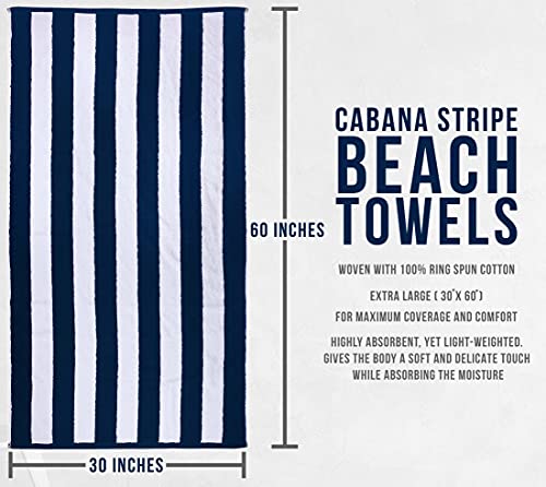 Utopia Towels [4 Pack Cabana Stripe Beach Towel, (30 x 60 Inches) Oversized 100% Ring Spun Cotton Pool Towels, Highly Absorbent Quick Dry Bath Towels for Bathroom, and Swim Towel (Navy)