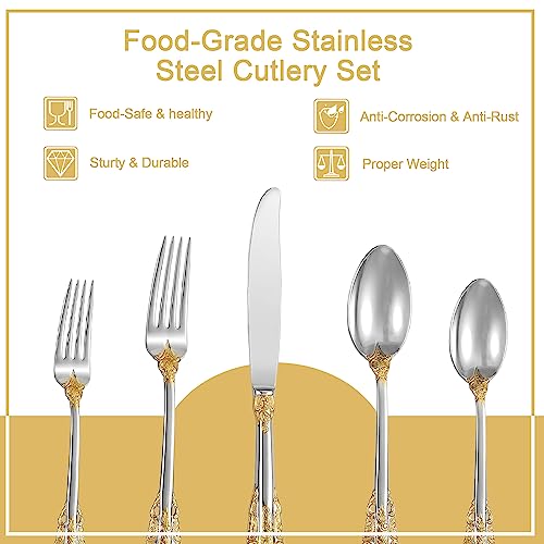 Runfly Gorgeous Baroque Silver Gold 18/10 Stainless Steel 20 Pieces Flatware Set, Anti-rust Stainless Steel Gold Cutlery Set Utensils Including Fork Spoon and Knife with Gift Box