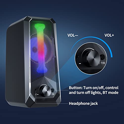 Bobtot Computer Speakers HiFi Stereo Sound - 2.0 Channel RGB Desktop Speakers PC Speaker with Bluetooth Volume Control USB Powered 3.5mm AUX-in Audio System