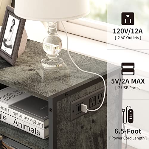 SOOWERY Nightstand with Charging Station, Bedside Tables with 3 Tiers Storage Space and Door, End Tables with USB Ports and Outlets for Bedroom, Living Room, Dark Grey