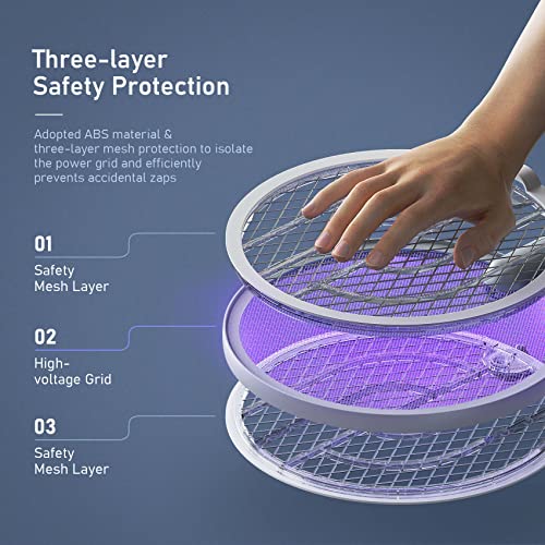 Electric Fly Swatter Racket, Mosiller 4000V 2 in 1 Bug Zapper with USB Rechargeable Base, Powerful Mosquitoes Trap Lamp & Fly Killer with 3-Layer Safety Mesh for Home, Bedroom, Kitchen, PatioοΌ1 PackοΌ