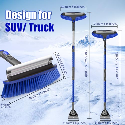 TESSONO 55.7" Ice Scraper, Extendable Snow Brush and Snow Broom with Ergonomic Foam Grip for Car Windshield, 3-in-1 Car Snow Scraper with 270° Pivoting Brush Head for Car Windshield, Trucks, SUVs