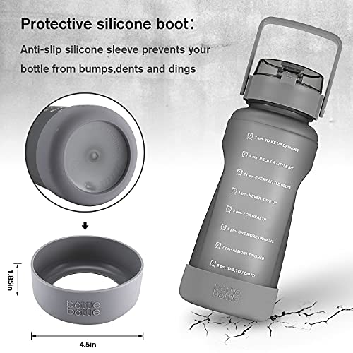 BOTTLE BOTTLE 64 OZ Gallon Motivational Water Bottle with Time Marker Straw & Protective Silicone Boot Workout Water Bottle for Adults and Kids Camping Half Gallon Water Jug (Gray)