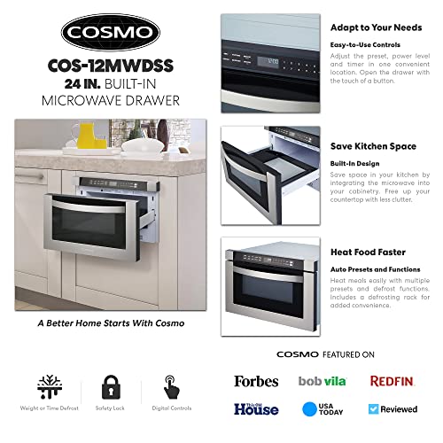 COSMO COS-12MWDSS 24 in. Built-in Microwave Drawer with Automatic Presets, Touch Controls, Defrosting Rack and 1.2 cu. ft. Capacity in Stainless Steel