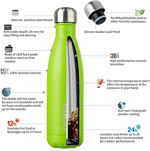 BJPKPK Insulated Water Bottles -17oz/500ml -Stainless Steel Water bottles,Sports water bottles Keep cold for 24 Hours and hot for 12 Hours,BPA Free kids water bottles for School- Green