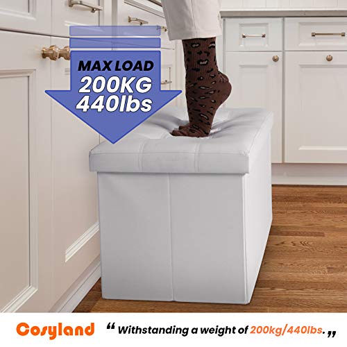 COSYLAND Ottoman Bench with Storage 30x15x15 inches White Ottoman for Room Folding Leather Ottoman Footrest Footstool Rectangle Collapsible Furniture with Lid for Bedroom Living Room