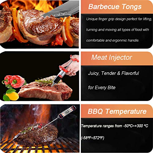 grilljoy 24PCS BBQ Grill Tools Set with Meat Thermometer and Injector - Extra Thick Stainless Steel Spatula, Fork& Tongs - Complete BBQ Accessories in Aluminum Case - Perfect Grill Gifts for Men
