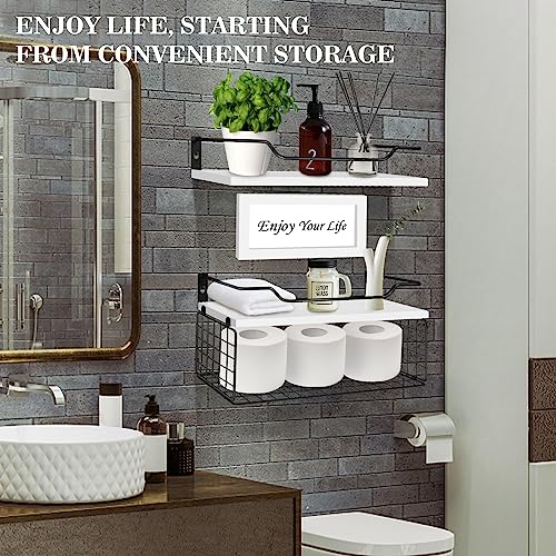Floating Shelves, Bathroom Shelves with Metal Guardrail Shelves for Wall Decor Set of 3, Rustic Wood Wall Shelves for Bathroom,Bedroom, Living Room, Kitchen, Plants (White)