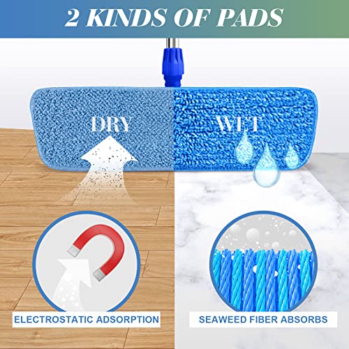 Bonpally 18" Microfiber Mop Floor Cleaning System, Flat Mop for Hardwood Floors, Professional Commercial Mop, Wet and Dust Mop with Extendable Handle, 4 Reusable Mop Pads, Household Cleaning Tools