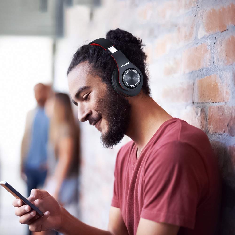 Bluetooth Headphones Wireless, pollini 40H Playtime Foldable Over Ear Headphones with Microphone, Deep Bass Stereo Headset with Soft Memory-Protein Earmuffs for iPhone/Android Cell Phone/PC(Black-Red)
