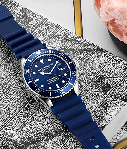 Stuhrling Original Men's Watch Dive Watch Blue 42 MM Silver Case with Screw Down Crown Rubber Strap Water Resistant to 330 FT (Blue)
