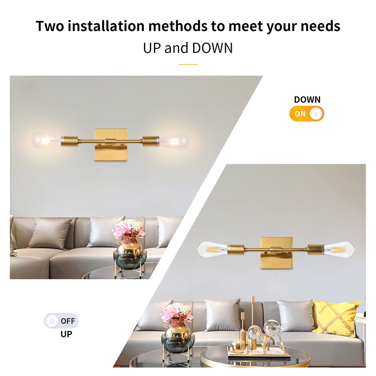 Lanhall Gold Bathroom Light Fixtures, 2 Light Mid Century Modern Bathroom Vanity Lighting Brushed Brass Wall Sconce Lights for Bathroom, Mirror, Bedroom, Living Room, Hallway, Entryway E26 Base